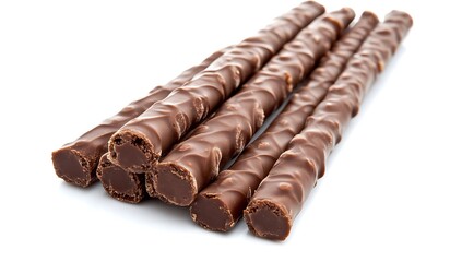 Obraz premium Crunchy wafer roll covered in chocolate on white background