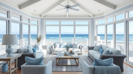 Fototapeta premium A Bright Coastal Living Room with Soft Blue and White Decor, Nautical Elements, and Expansive Ocean Views