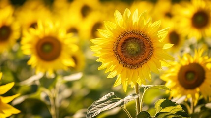 Fototapeta premium beautiful sunflower in a field of sunflowers with a ray of sunshine in the background