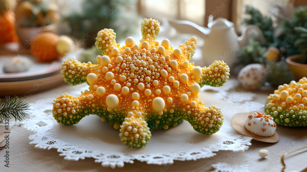 Poster beautiful table setting featuring a starfish among colorful julia set fractal graphics in studio lig