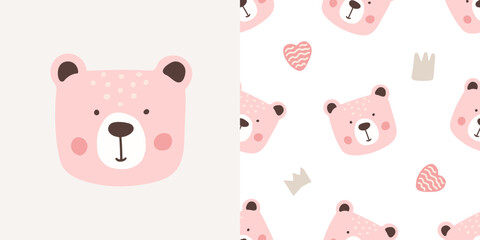 Cute pink bear face and seamless pattern with bear heads, hearts, and crowns. Vector illustration