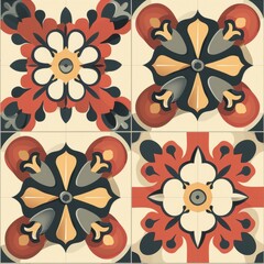 Tile with a flower design in red, white, and black