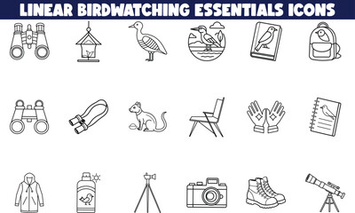 Linear Birdwatching Essentials Icons Binoculars, Birds, Gear, Nature