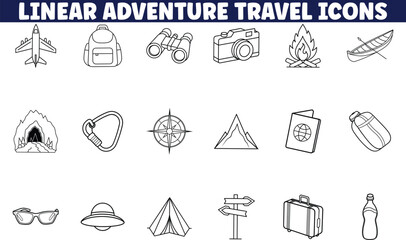 Fototapeta premium Linear Adventure Travel Icons Plane, Backpack, Binoculars, Camera, Fire