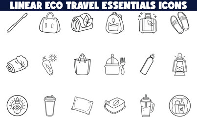 Linear Eco Travel Essentials Icons Sustainable, Zero Waste Trip