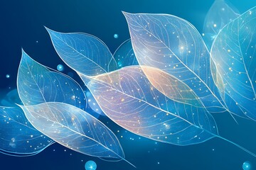 Abstract blue leaves with glowing particles.