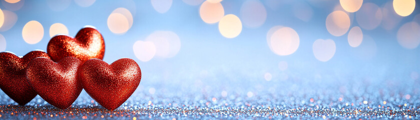Fototapeta premium Beautiful red hearts on a sparkling surface with a blurred blue background, perfect for love.