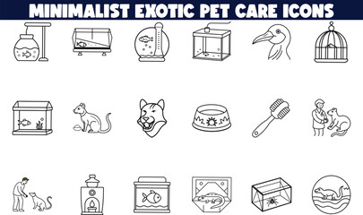 Minimalist Exotic Pet Care Icons Fish, Birds, Cats, and More