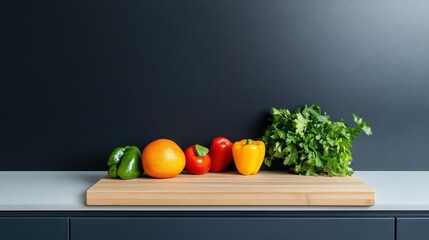 Vibrant Kitchen Still Life: Colorful Peppers, Grapefruit, and Parsley on a Wooden Cutting Board