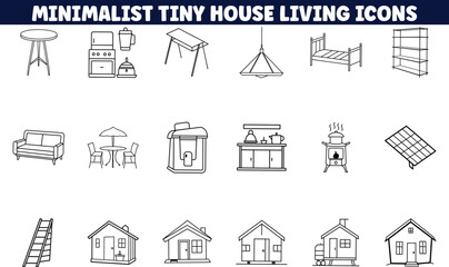 Obraz premium Minimalist Tiny House Living Icons Furniture, Kitchen, and Solar
