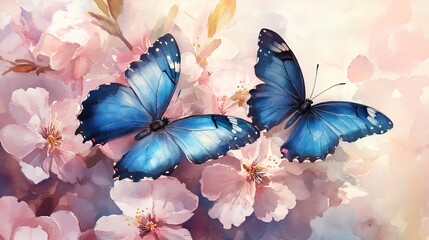 Graceful Blue Butterflies Fluttering Among Delicate Pink Blossoms