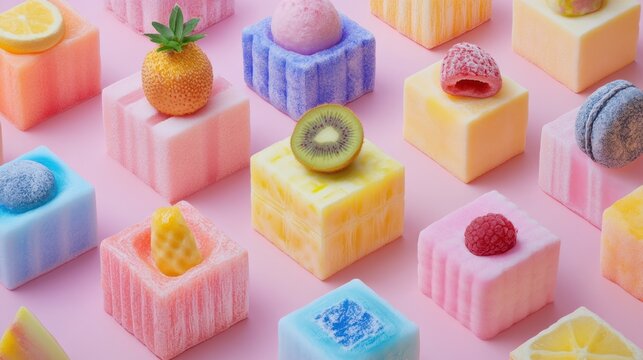 Colorful fruit soaps arranged on pink background