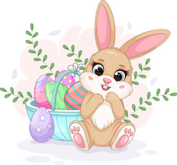 Easter Bunny with a Basket and Easter Eggs