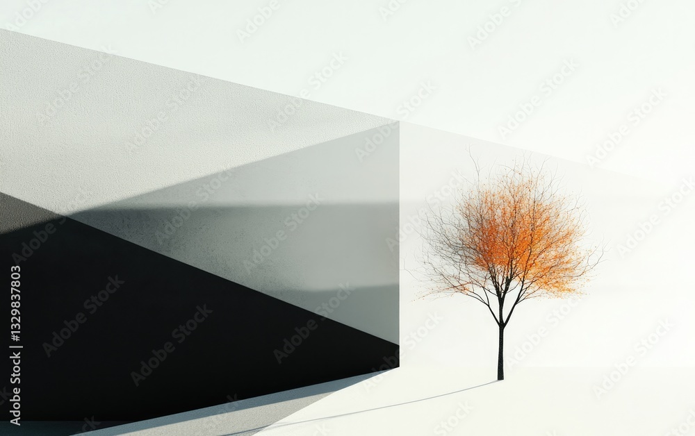 Poster orange tree behind abstract triangle structure in white landscape