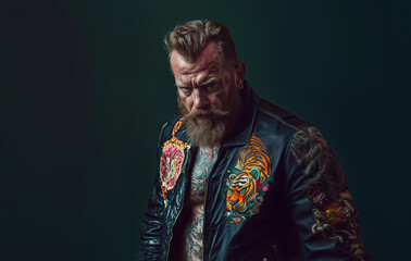 Rugged, muscular man with a bold beard and vibrant tattoos showcases a fierce expression against a dark backdrop