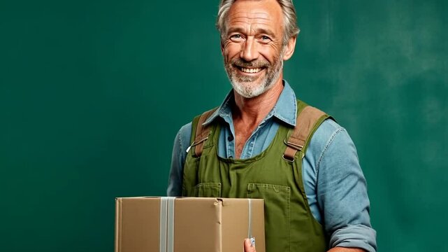 &Auml;lterer Mann in Arbeitskleidung mit einem Paket