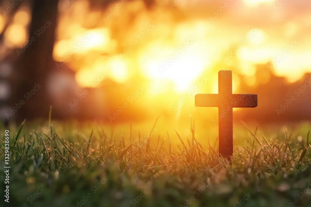 Poster cross is on a field of grass with the sun in the background