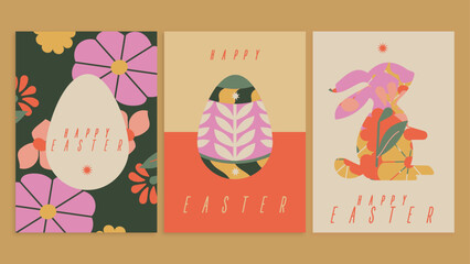 Feliz Pascua. Conjunto de tarjetas de felicitación, carteles, template, cubiertas de vacaciones. Flores primaverales huevos, conejito en colores vibrantes, estilo retro, minimalista. Decoración postal