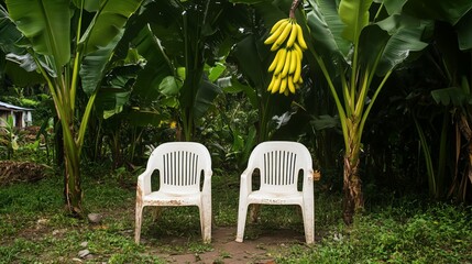 Two slightly worn white plastic chairs surround by a lush tropical setting with dense banana trees. 5