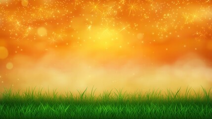 Golden Sunset Over Lush Green Grass Field with Sparkling Dust
