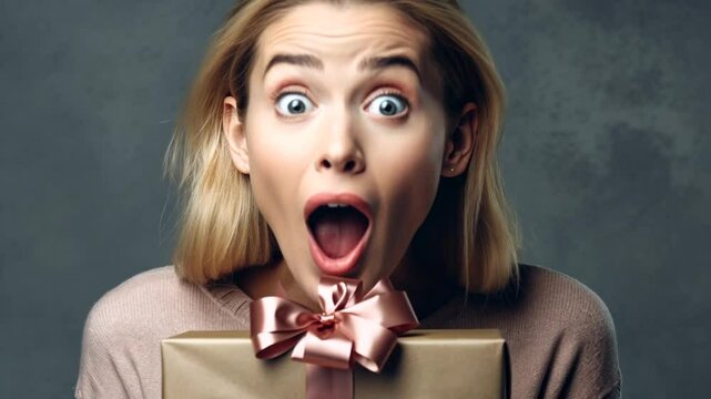 &Uuml;berraschte junge Frau &ouml;ffnet ein Paket