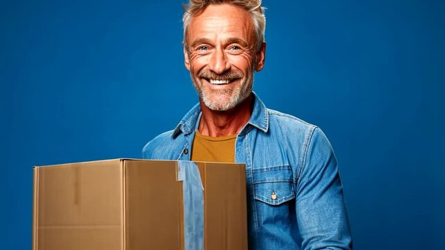 L&auml;chelnder Mann mit einem Paket in der Hand