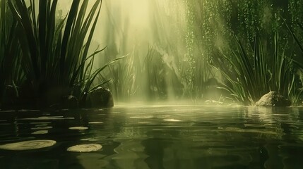 Serene Pond Misty Morning Lush Green Vegetation