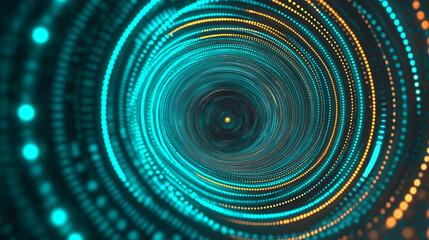 Hypnotic Digital Vortex: An abstract digital artwork features a mesmerizing vortex of swirling, glowing lines, and dots in a vibrant, eye-catching color palette of cyan and yellow.