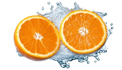 Two Halves Of Juicy Orange In Water Splash Against White Background