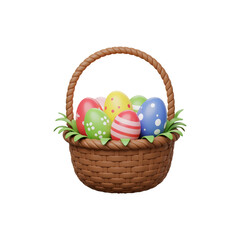 3d easter basket with easter eggs on transparent background