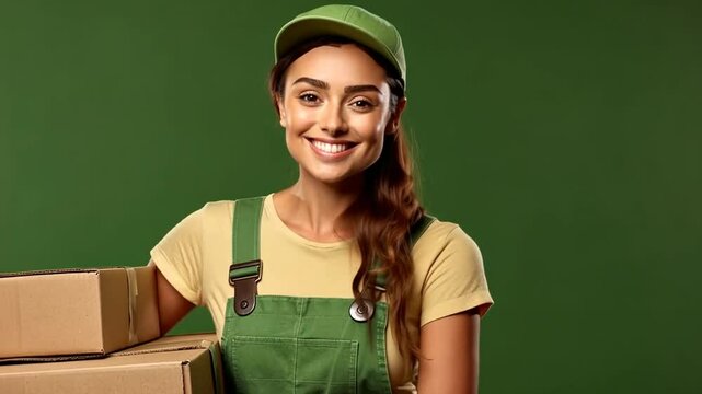 Junge Frau in Arbeitskleidung h&auml;lt ein Paket bereit zur Lieferung