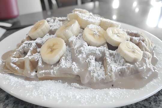 Waffle with banana slices and powdered sugar
