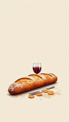 A loaf of bread on a table with wine glass, representing elements of Christian communion.