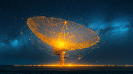 Cosmic Network: A stylized representation of a vast radio telescope bathed in an ethereal glow against the backdrop of the night sky. capturing advanced technology. 
