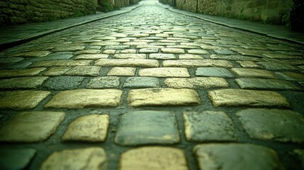 Cobblestone street, alleyway perspective, wet, stone walls, background