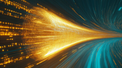 Data Stream Highway: a dynamic abstract depicting the flow of information through a futuristic tunnel, visualized with flowing streams of data in vibrant colors.