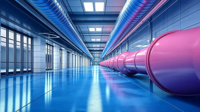 Futuristic Industrial Corridor: Pink Pipes and Blue Floor