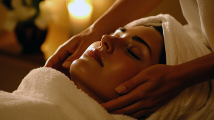 Caucasian female adult relaxing with candlelit facial massage at spa retreat.