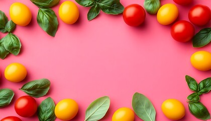 Tomatoes and basil on pink background, for food recipes