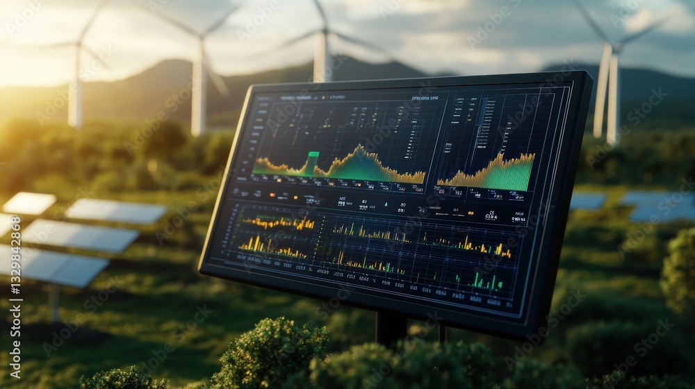 Aufkleber computer screen featuring a wind turbine in the background for data analysis on renewable energy ins