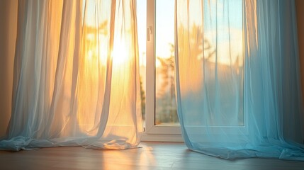 Soft sunlight filters through a sheer curtain swaying by the open balcony door