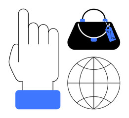 Hand pointing upward, black shopping bag with a price tag, and globe with latitude and longitude lines. Ideal for online shopping, global commerce, digital marketing, e-commerce, retail, internet