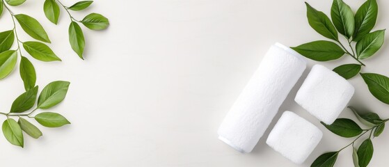 Spa Day Essentials: Luxurious White Towels and Fresh Green Leaves