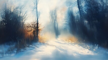 Beautiful Winter Abstract Landscape with Sunlight in Forest