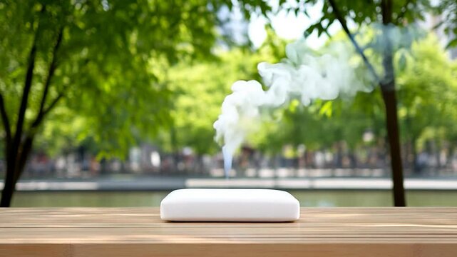 Modern aromatherapy diffuser releasing mist amidst a serene park setting with lush greenery