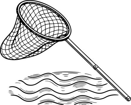 recommend clip art: Fishing net scoop over water waves, simple line art of catching equipment, outdoor fishing gear