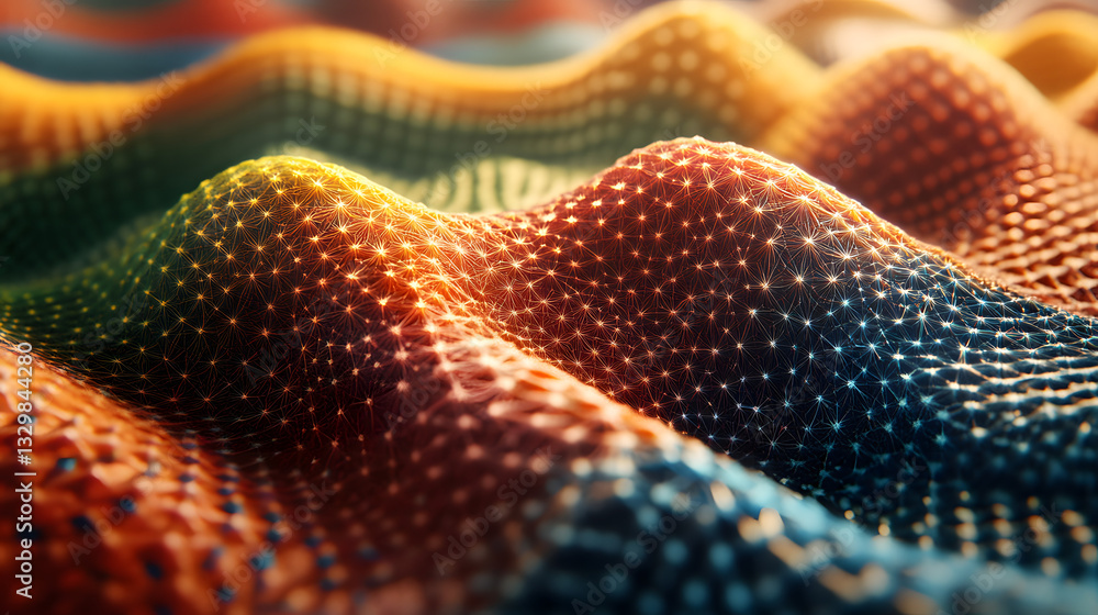 Poster close-up of a colorful surface showcasing layered polygon textures elegantly arranged to create an e