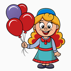 Happy cartoon girl holding balloons on a white background with copy space