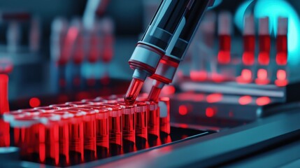 Advanced hematology testing technology, robotic lab equipment analyzing blood samples, futuristic AI-driven medical diagnostics, glowing digital displays