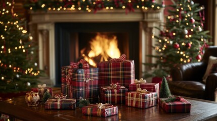Festive Holiday Table with Christmas Gifts and Decorations